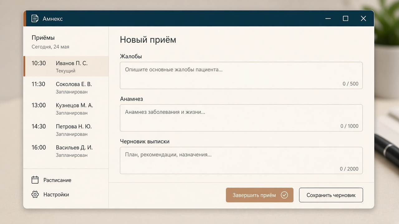 Окно Амнекс: приём, жалобы, анамнез, черновик выписки к правке врача